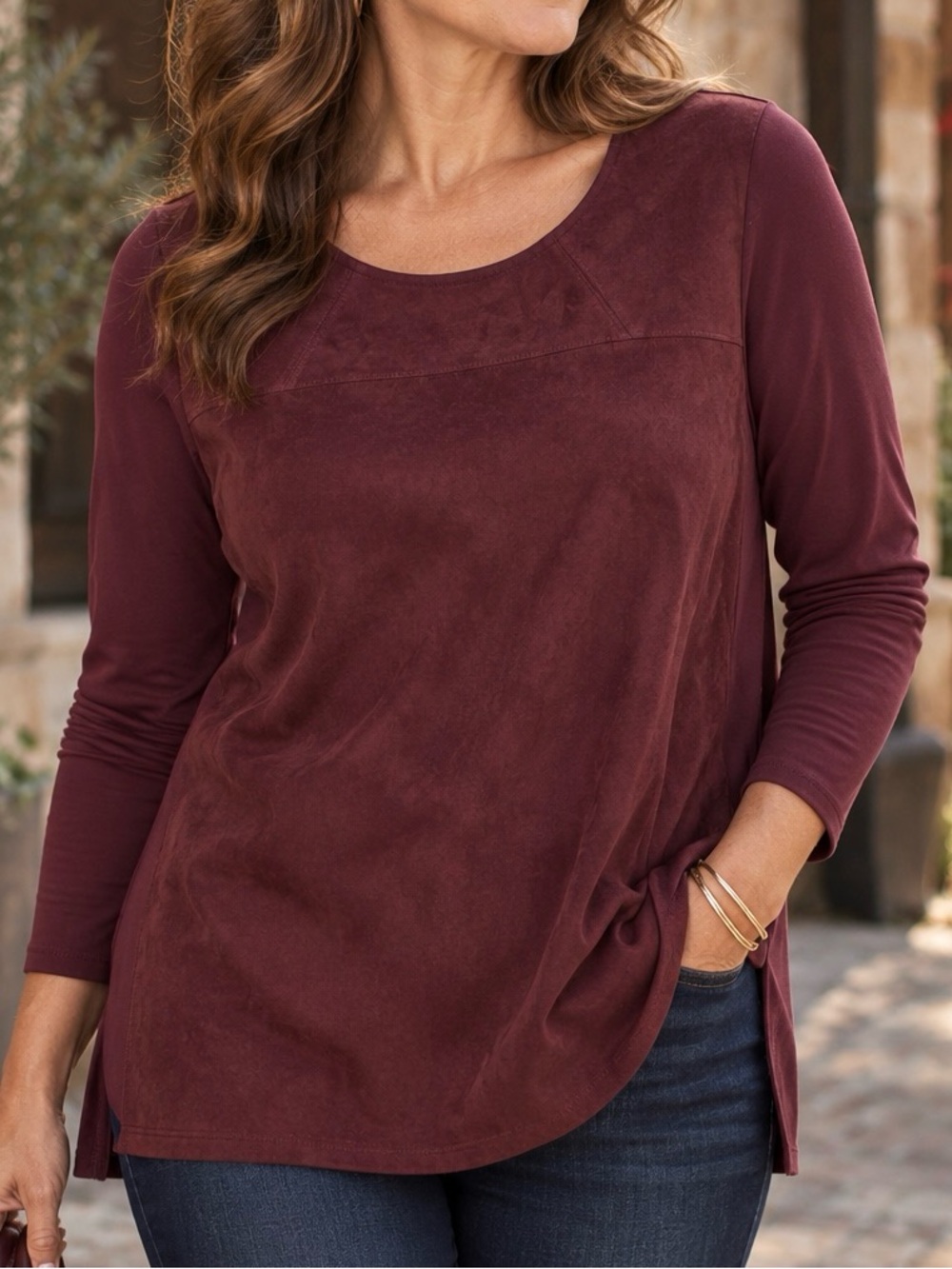 Faux Suede Mixed Media Tunic Burgundy Equestrian Chico’s 2 L